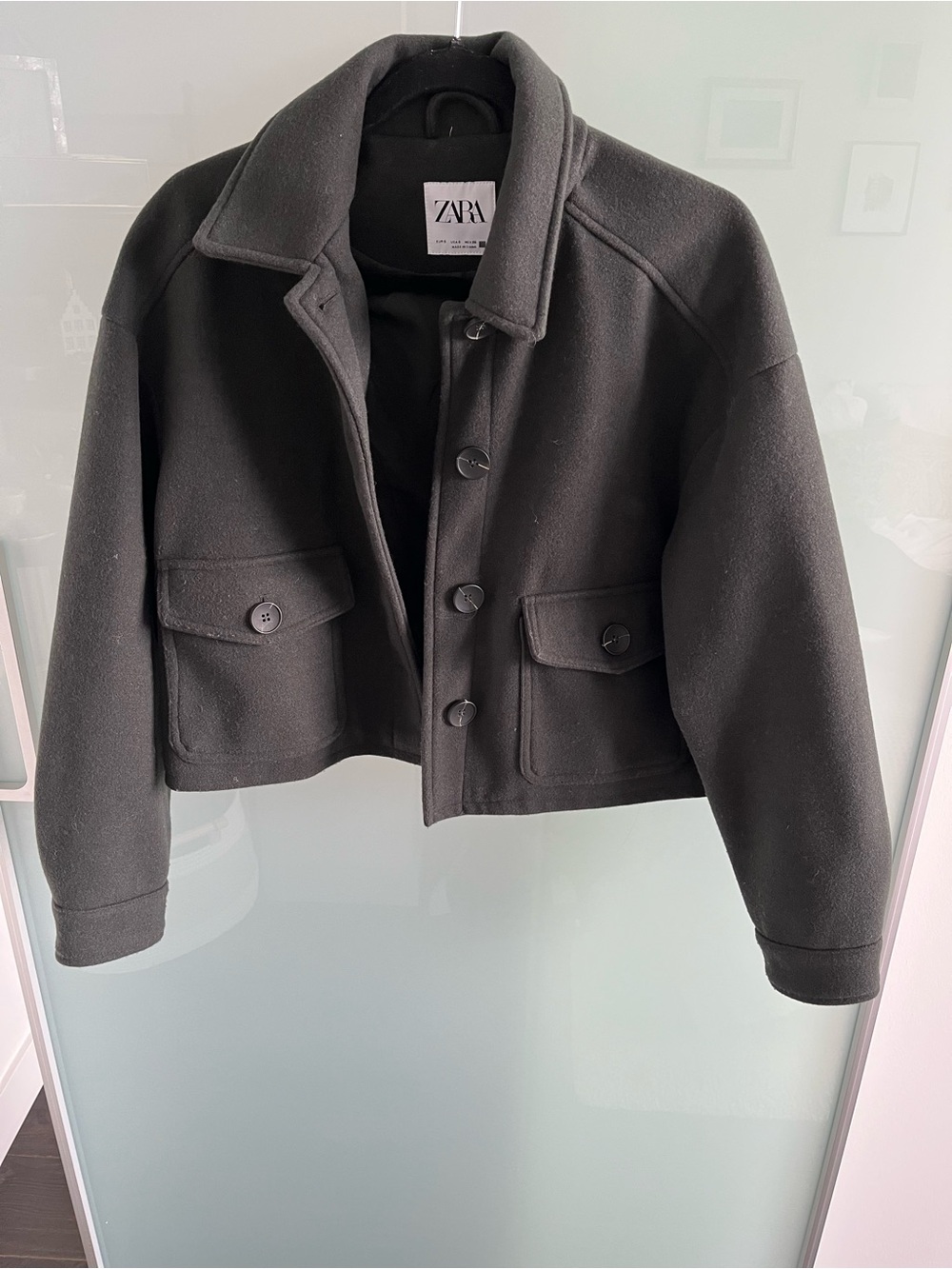 Zara Women’s Dark Gray Wool-Blend Cropped Pea Coat